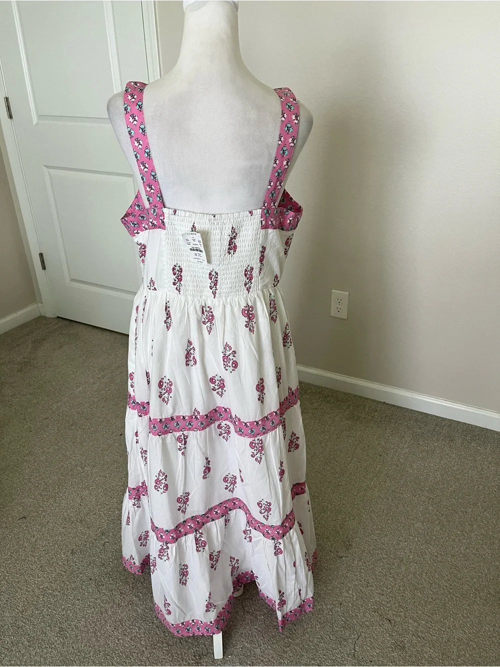 NWT J. Crew White Midi Dress with Pink Floral Trim Size 12